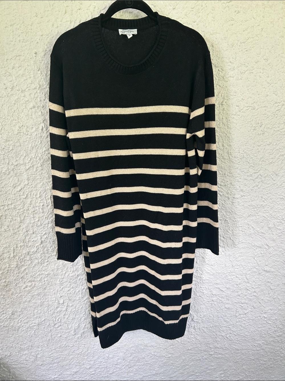 Jessica Simpson Black and Cream Striped Crewneck Sweater Dress
